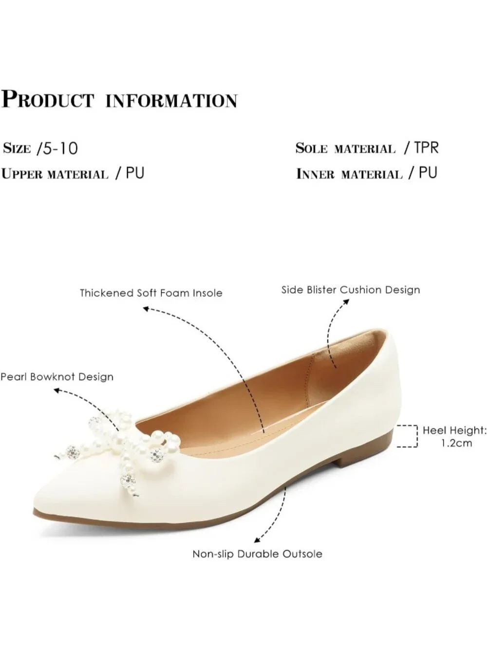 FUNKYMONKEY Women's Pearl White Faux Leather Pointed Toe Slip On Ballet Flats